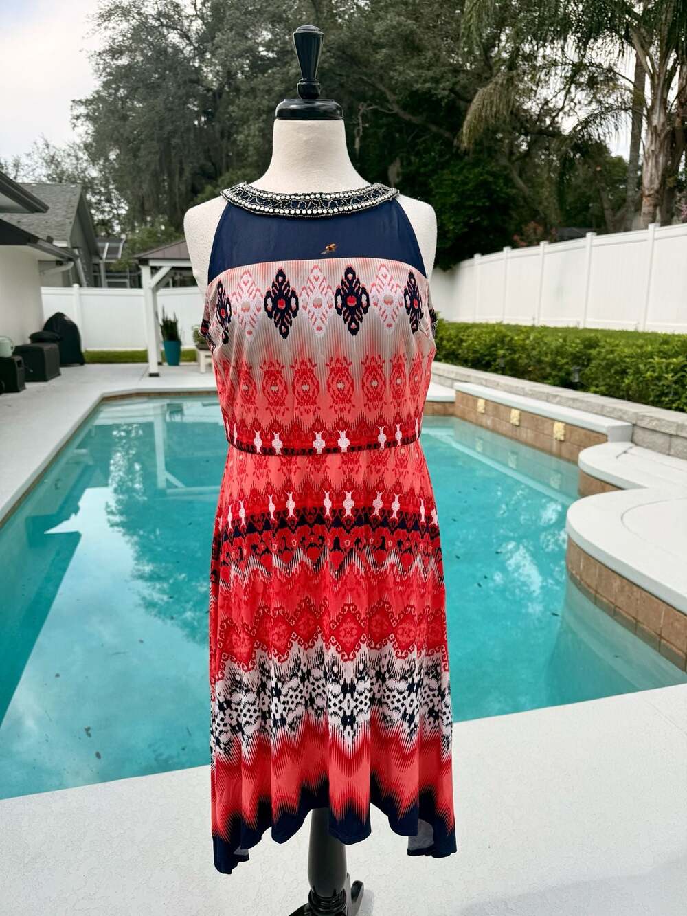 Sandra Darren Sleeveless Beaded Mock Neck Geometric Print Dress
